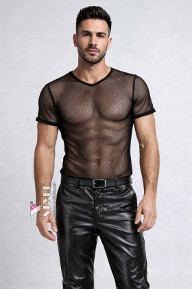 Fitted black mesh top with short sleeves X024B