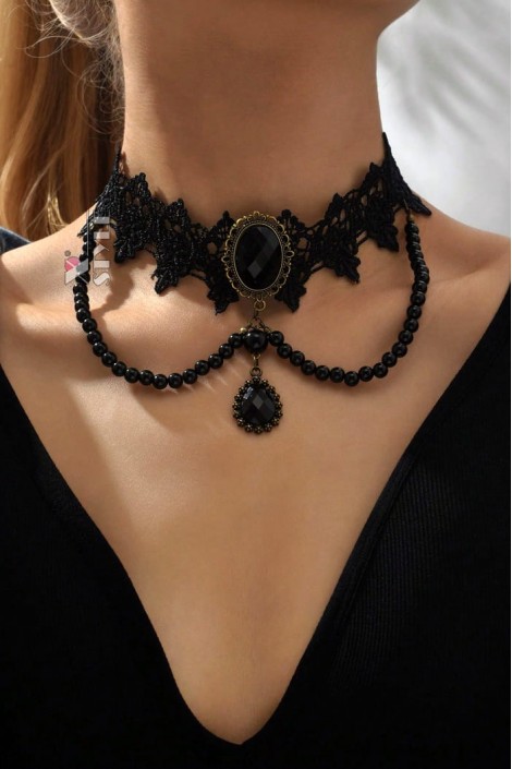Lace Choker Necklace with Beads (706256)