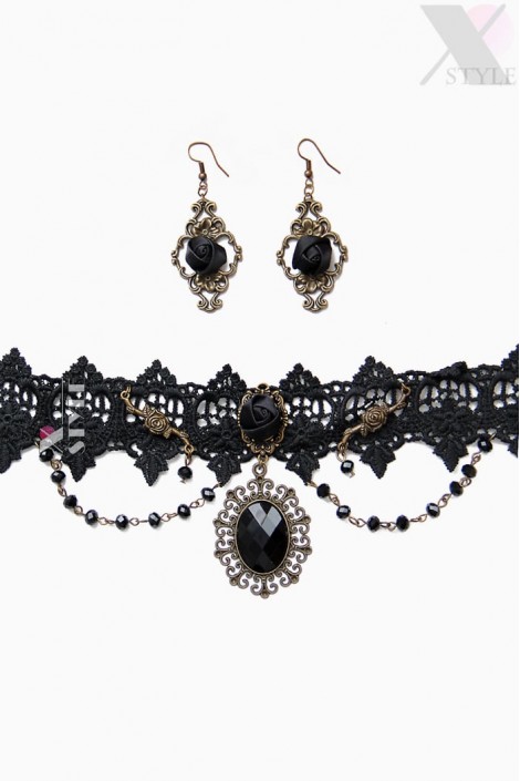 Black Rose Necklace & Earrings Set (713004)