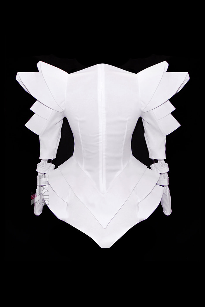 Futuristic White Bodysuit with Voluminous Details, 17