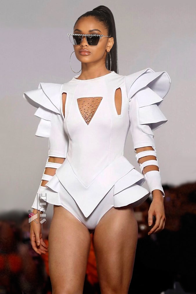 Futuristic White Bodysuit with Voluminous Details, 11