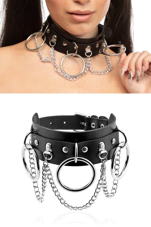 Wide Faux Leather Choker with Chains XC6240, 3
