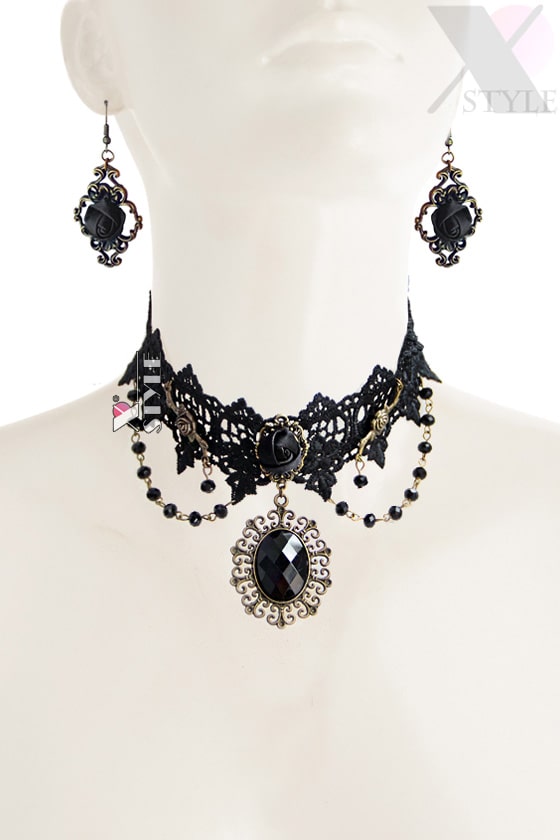 Black Rose Necklace & Earrings Set, 5