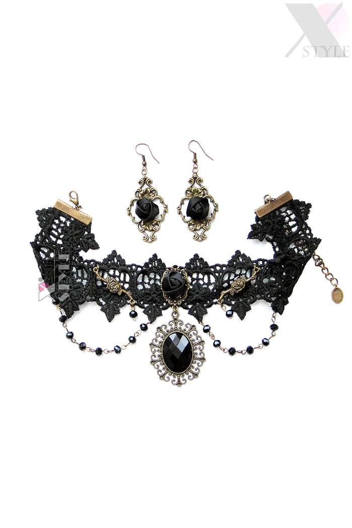 Black Rose Necklace & Earrings Set, 7