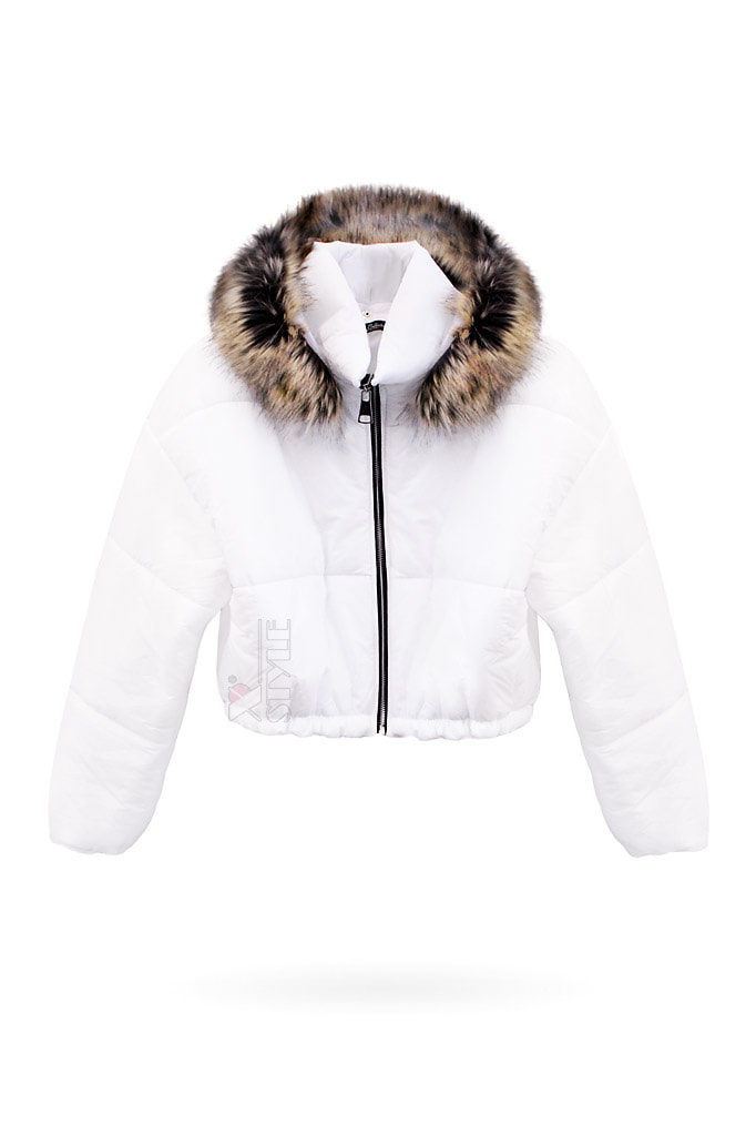 Утепленная белая куртка с капюшоном и мехом E2037, 7