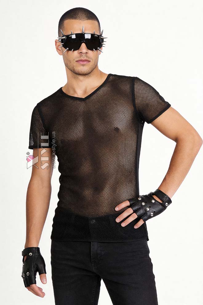 Fitted black mesh top with short sleeves X024B