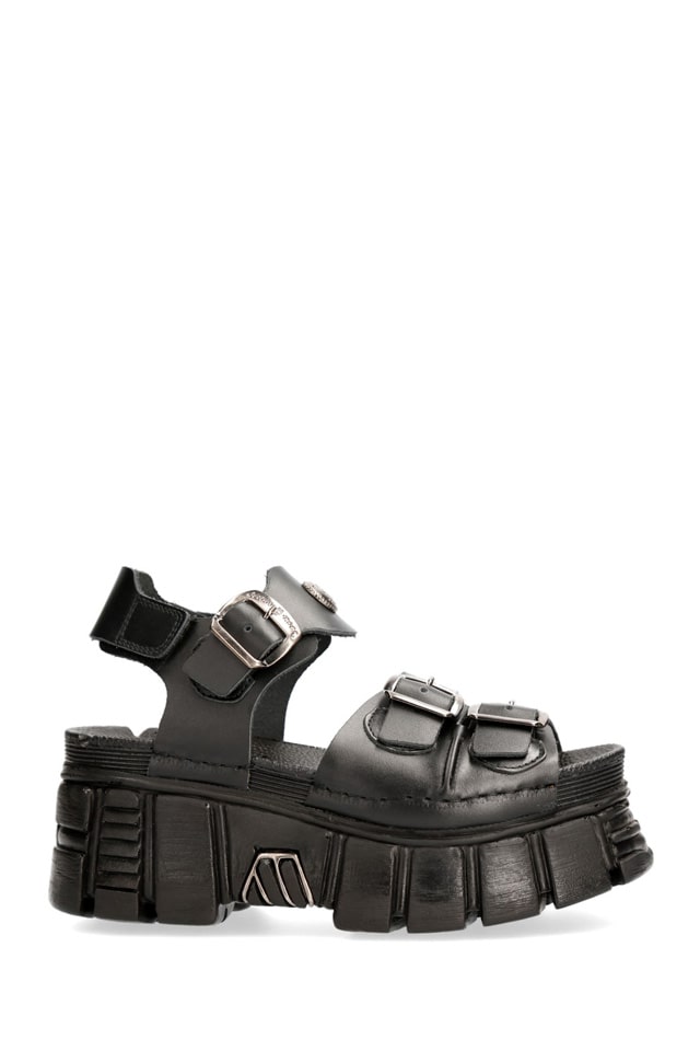Bios Black Leather Platform Sandals, 15