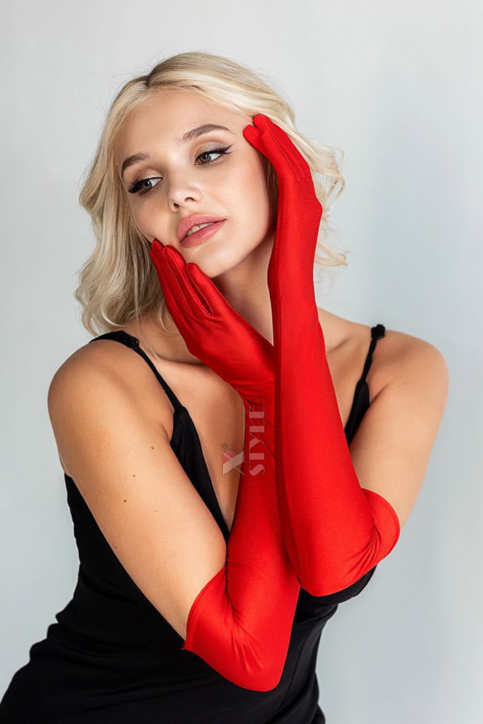 Довгі червоні рукавички з атласу UV202, 3