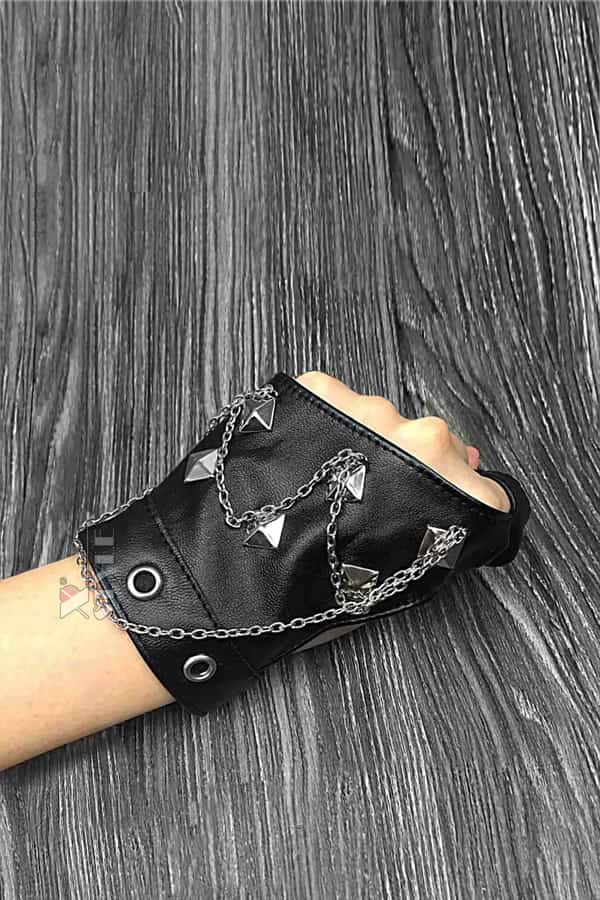Women's Faux Leather Fingerless Gloves with Chains and Studs C1186, 7