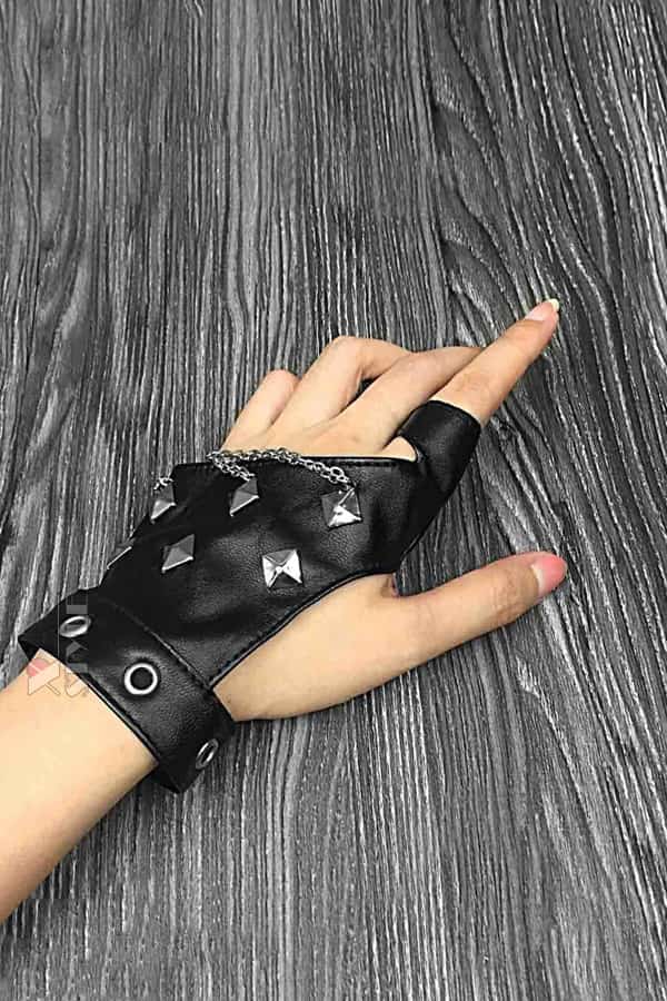 Women's Faux Leather Fingerless Gloves with Chains and Studs C1186, 9