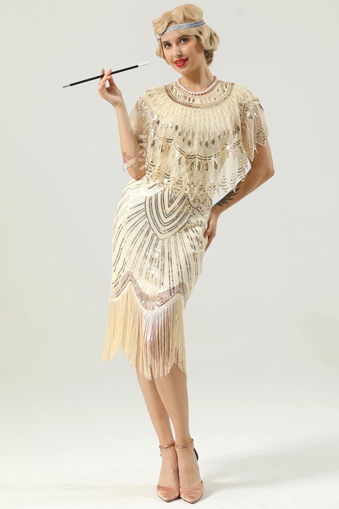 Sequin Party Fringe Gatsby Dress - Champagne, 13