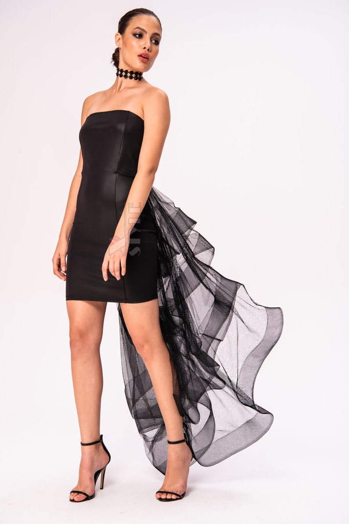 Leather Off Shoulder Dress with Transparent Train X5454, 3