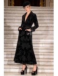 Long Black Velvet Coat Dress with a Floral Pattern