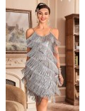 Блестящее серебристое платье с бахромой XC587
