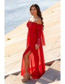 Long Red Summer Off Shoulder Dress (105512) - материал, 6