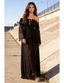 Long black summer dress with a "Carmen" neckline (105513) - материал, 6