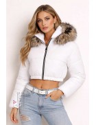 Padded White Women's Jacket with Hood and Fur E2037