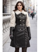 Зимове шкіряне пальто з хутром, кишенями та поясом