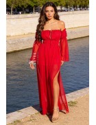 Длинное красное летнее платье с открытыми плечами