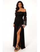 Long black summer dress with a "Carmen" neckline