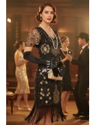 Винтажное платье с коротким рукавом, пайетками и бахромой