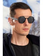 Men's round black sunglasses X1342 + Pouch