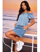Summer Denim Skirt and Blouse with Brooch