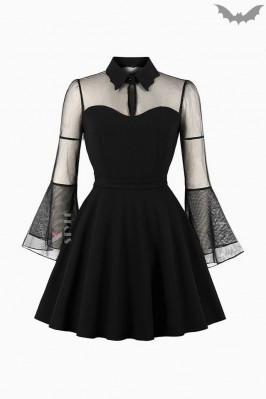 Flared Gothic Dress With Mesh Sleeves