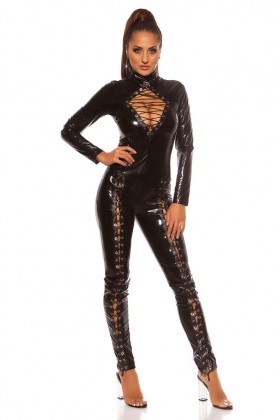 Черный латексный кэтсьюит со шнуровками и декольте