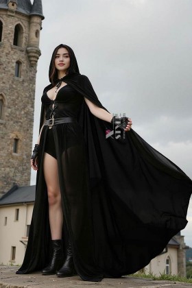 Длинная черная мантия с капюшоном из бархата