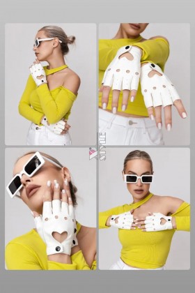 Белые кожаные перчатки без пальцев X208