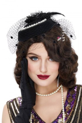 Черная вечерняя шляпка с вуалью и жемчугом