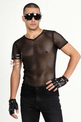 Fitted black mesh top with short sleeves X024B