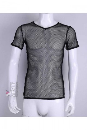 Fitted black mesh top with short sleeves X024B
