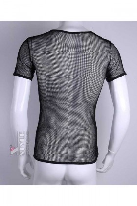 Fitted black mesh top with short sleeves X024B