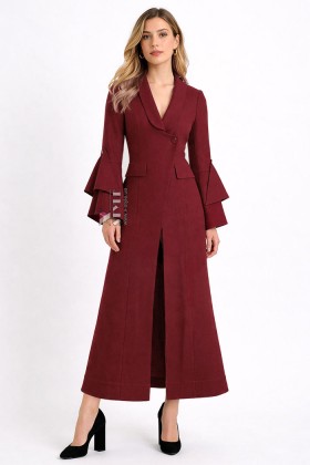 Long Fitted Wool Coat Dress in Burgundy