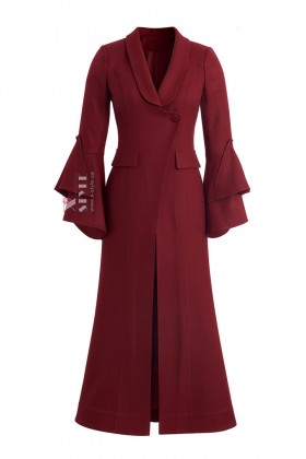 Long Fitted Wool Coat Dress in Burgundy