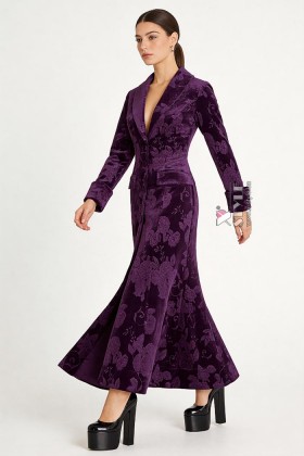 Long Velvet Coat Dress with a Floral Pattern