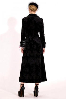 Long Black Velvet Coat Dress with a Floral Pattern