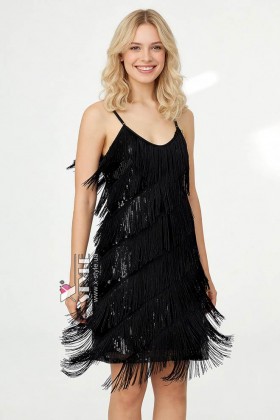 Black Glitter Dress with Fringe X5585