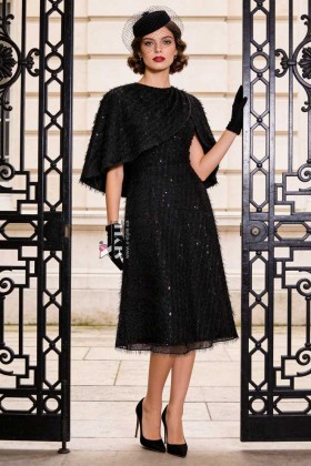 Evening dress with shawl, sequins and fringe