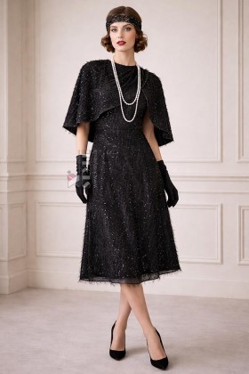 Evening dress with shawl, sequins and fringe
