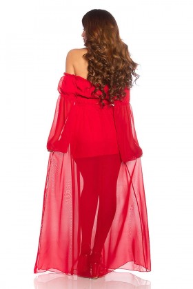 Красное шифоновое платье с открытыми плечами