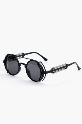 Men's round black sunglasses X1342 + Pouch