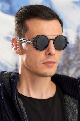 Men's round black sunglasses X1342 + Pouch