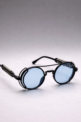 Men's & Women's Futuristic Cyberpunk Blue Round Glasses + Pouch