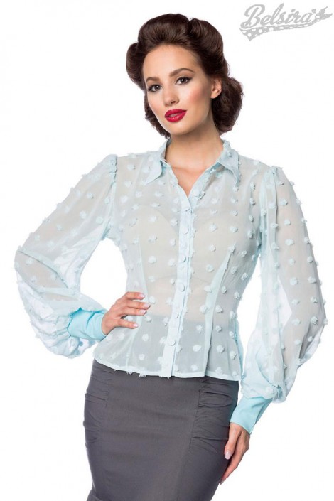 Шифоновая голубая блуза с широким длинным рукавом (101235)