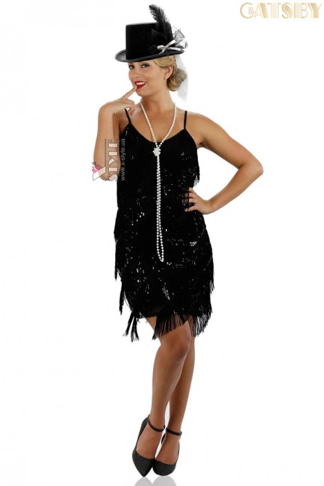 Карнавальный костюм в стиле Гэтсби (платье, шляпа, бусы) (118155)