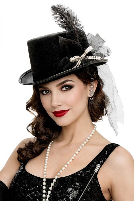 Карнавальная женская шляпа с пером и жемчугом (502084)