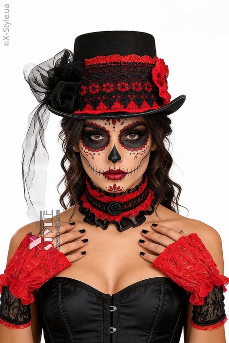 Костюм в стиле Santa Muerte (шляпа, перчатки, чокер) (713025)